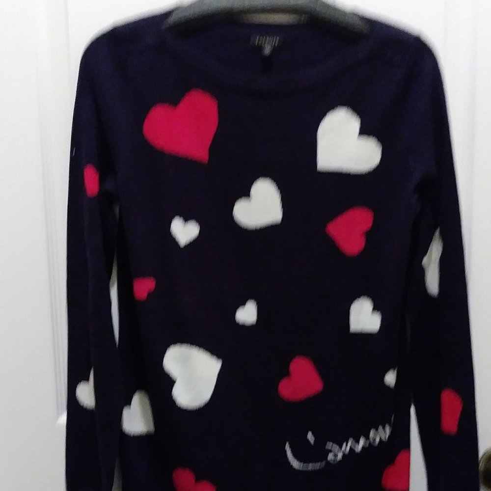 SOLD SOLD SOLD SOLD Talbots Blue Red White Hearts Sweater Size XS - Picture 1 of 16